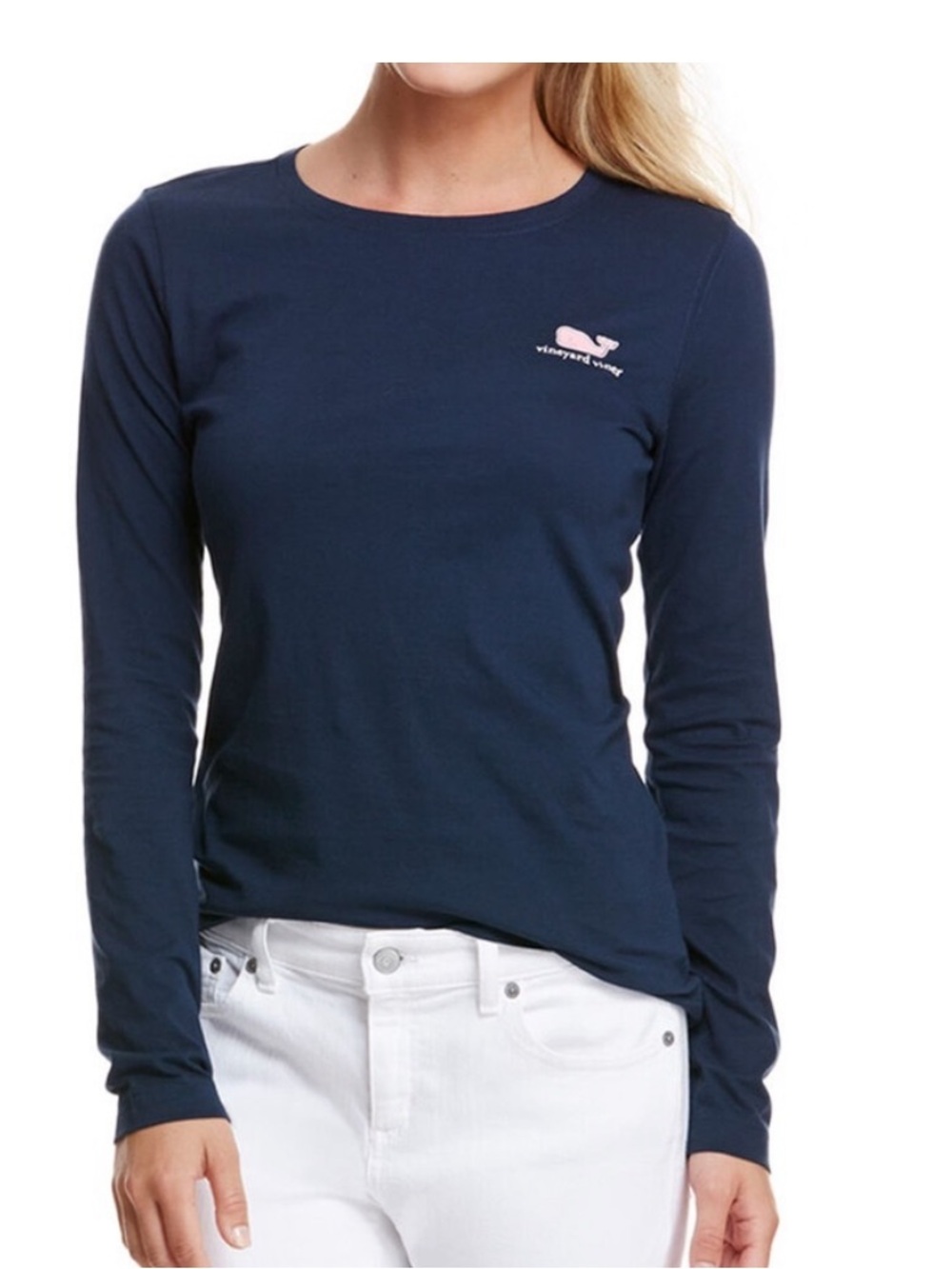 Vineyard Vines Navy Long-Sleeve Crew with Pink Whale Logo Size Small